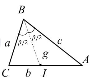 Diagram of a triangle showing an angle bisector dividing an angle into two equal parts.